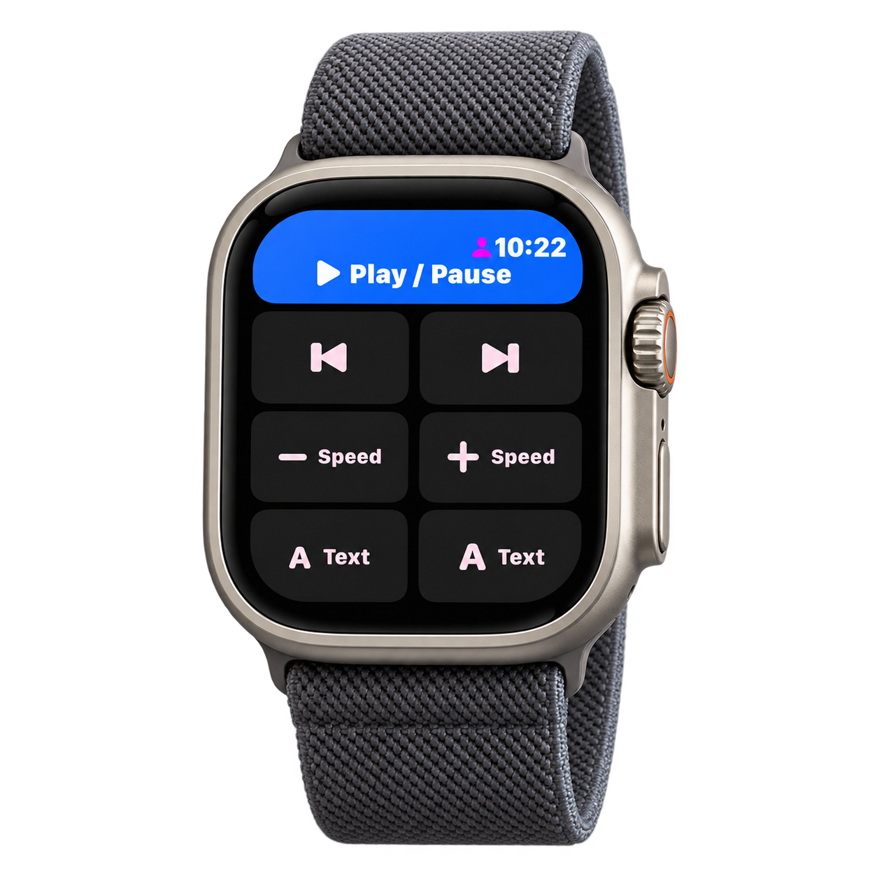 Apple Watch showing teleprompter play, pause, navigation, speed, and text-size controls